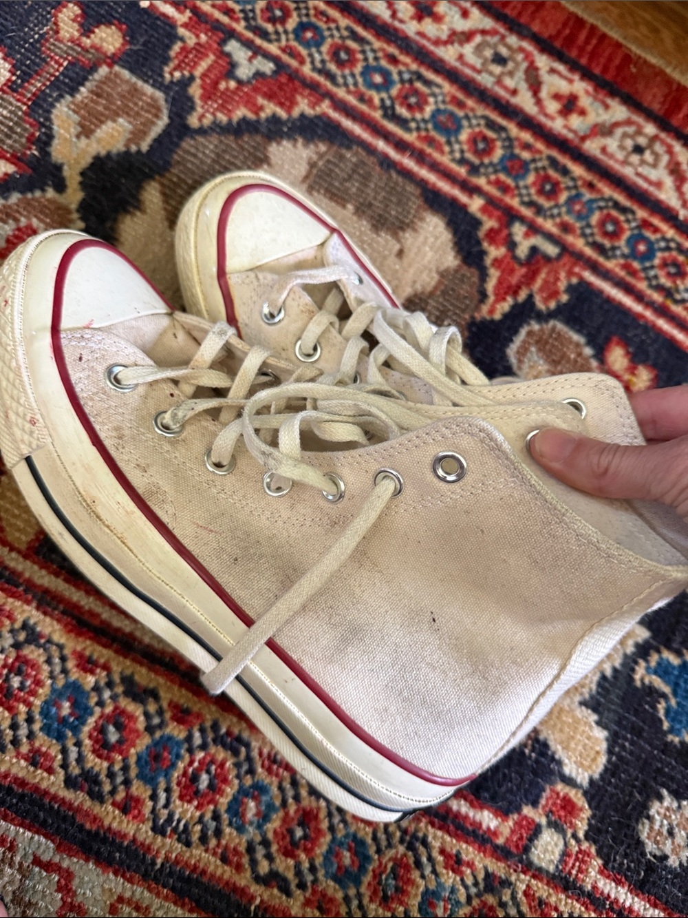 Classic High-Top Canvas Sneakers in Cream with Red Trim